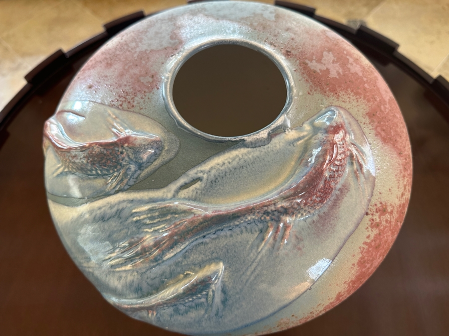 Signed Tony Evans Raku Art Pottery Vase Featuring Koi Fish 12W X 9H [Photo 3]