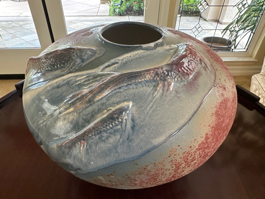 Signed Tony Evans Raku Art Pottery Vase Featuring Koi Fish 12W X 9H [Photo 2]