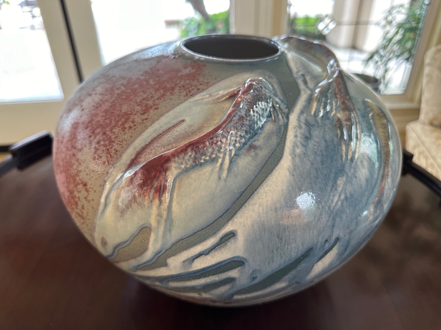 Signed Tony Evans Raku Art Pottery Vase Featuring Koi Fish 12W X 9H [Photo 4]