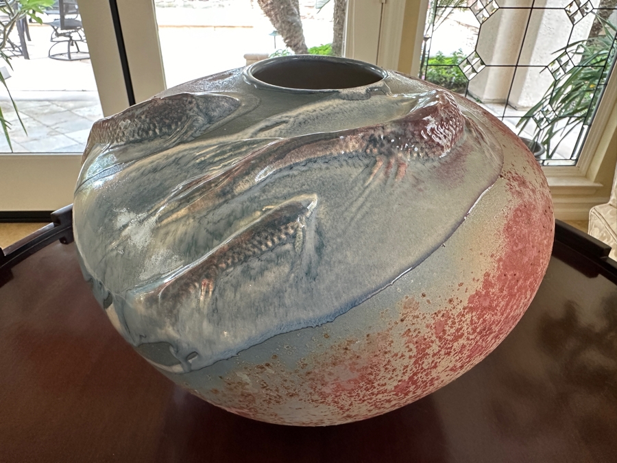 Signed Tony Evans Raku Art Pottery Vase Featuring Koi Fish 12W X 9H