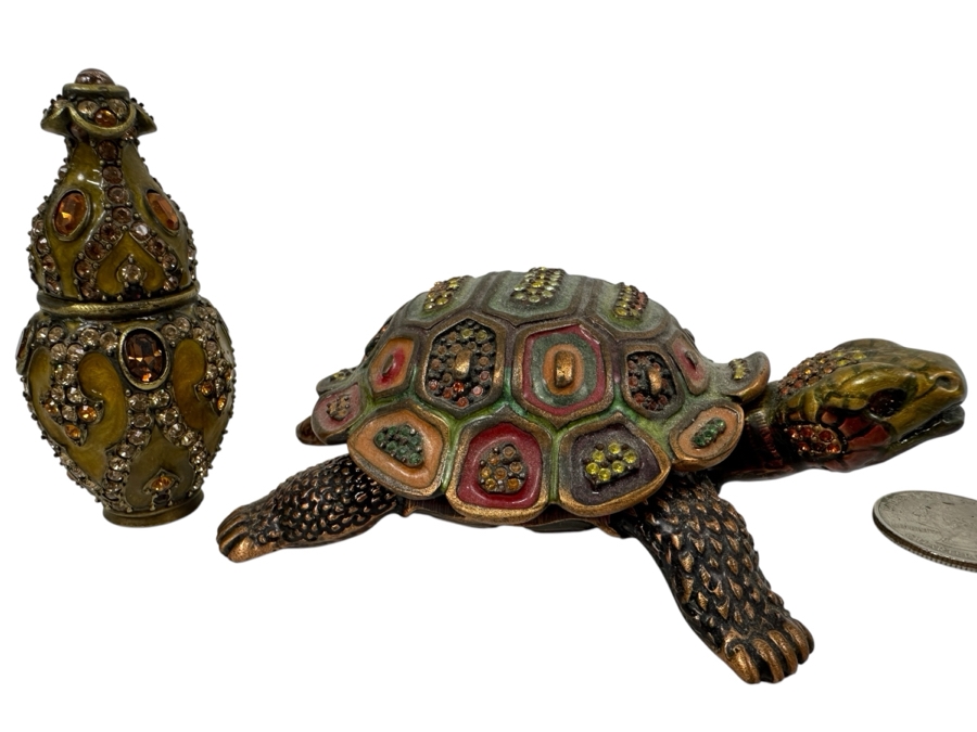 Pair Of Jay Strongwater Enamel Crystal Trinket Boxes With Turtle Box