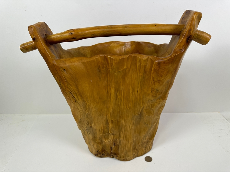 Carved Organic Wooden Bucket Basket 17.5H [Photo 2]
