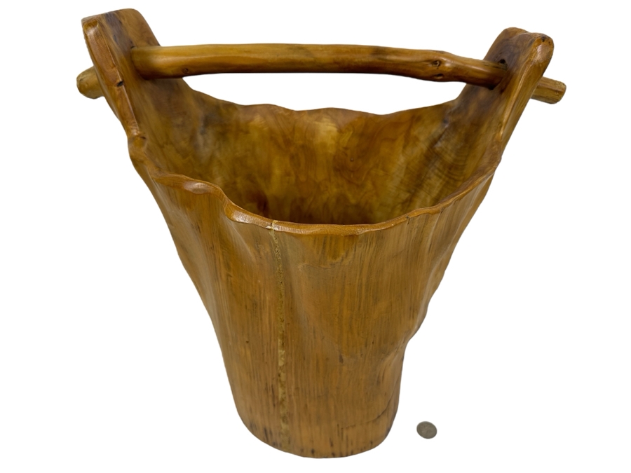 Carved Organic Wooden Bucket Basket 17.5H [Photo 1]