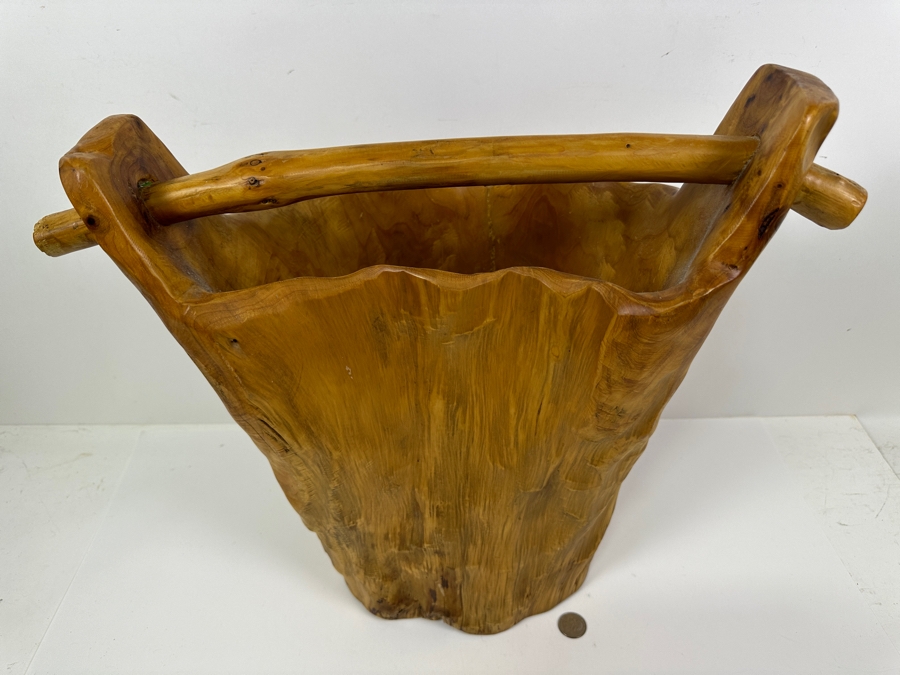 Carved Organic Wooden Bucket Basket 17.5H [Photo 3]