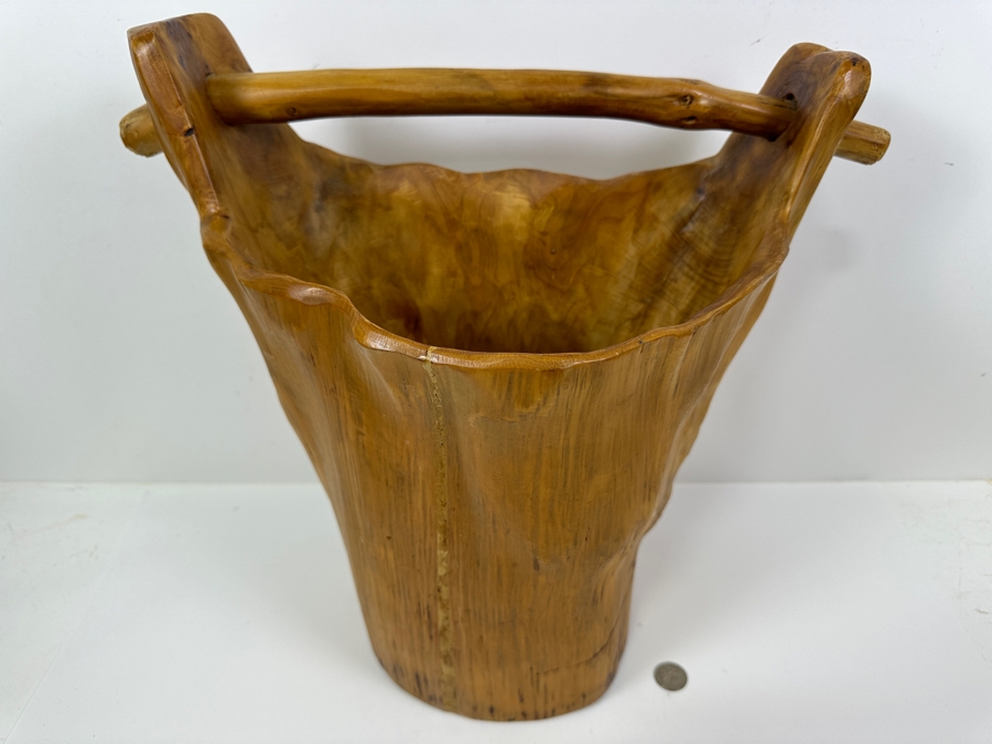 Carved Organic Wooden Bucket Basket 17.5H [Photo 4]