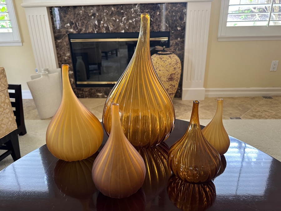 Set Of Five Salviati Contemporary Italian Murano Amber Art Glass Drops by Renzo Stellon Vases Tallest Is 17'H [Photo 3]