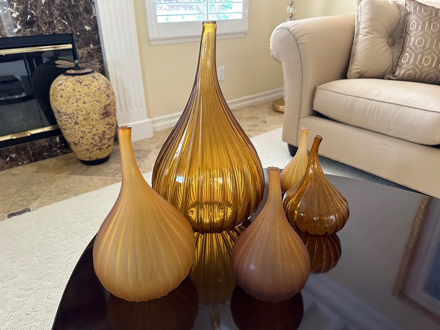 Set Of Five Salviati Contemporary Italian Murano Amber Art Glass Drops by Renzo Stellon Vases Tallest Is 17'H [Photo 2]