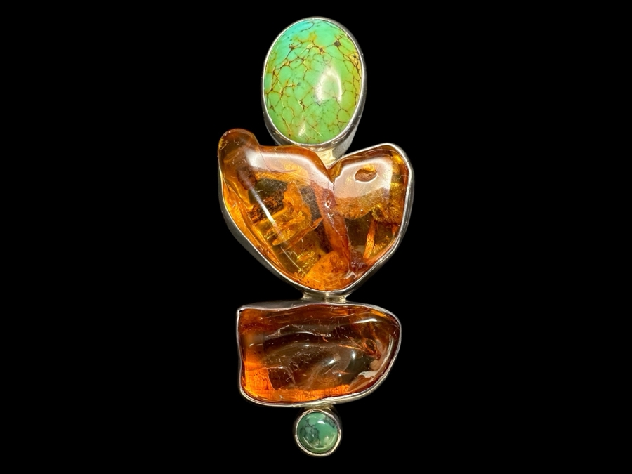 Sterling Silver, Amber & Turquoise Pendant 17.6g