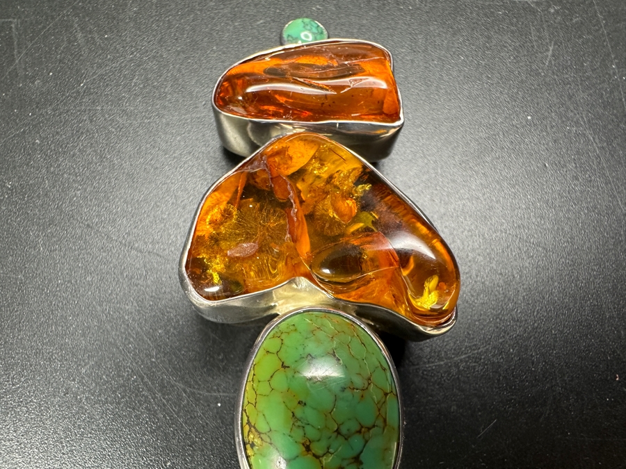 Sterling Silver, Amber & Turquoise Pendant 17.6g [Photo 3]