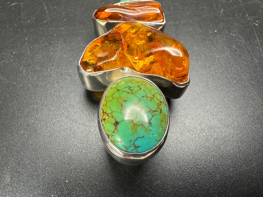 Sterling Silver, Amber & Turquoise Pendant 17.6g [Photo 4]