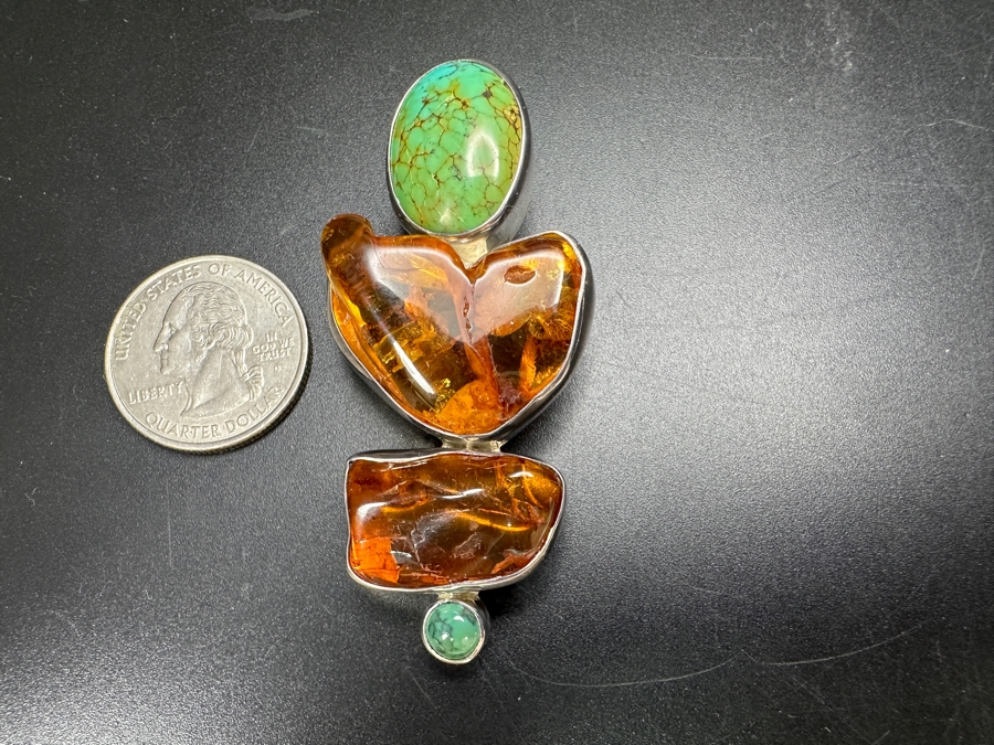 Sterling Silver, Amber & Turquoise Pendant 17.6g [Photo 2]