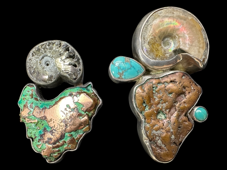Sterling Silver, Turquoise, Copper & Ammonite Fossil Pendants 58.7g