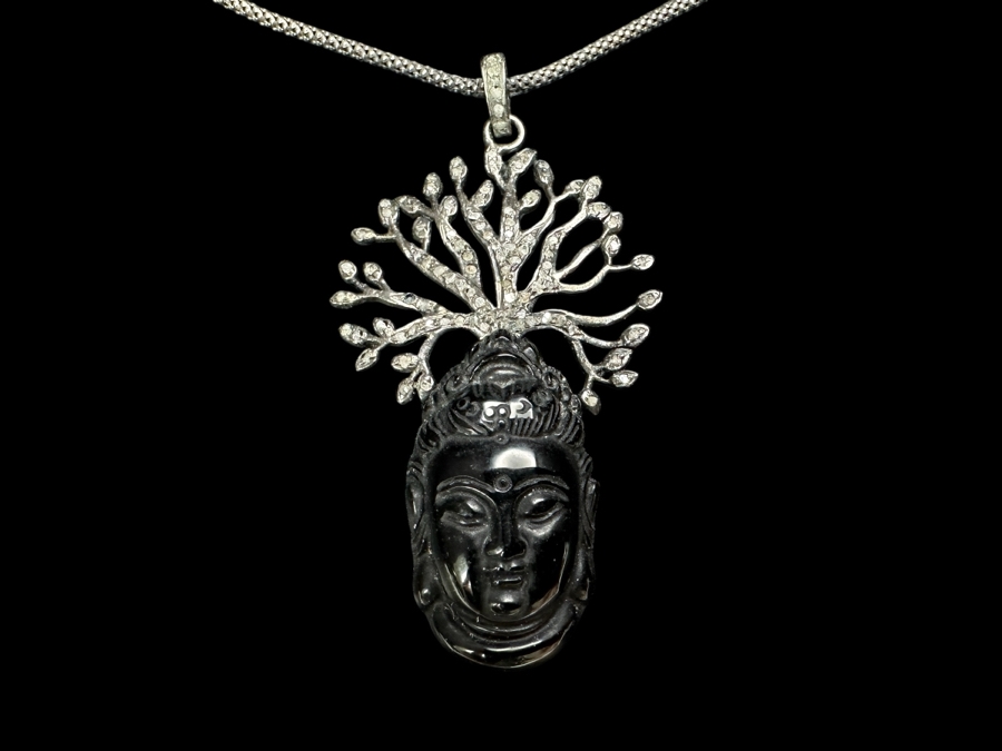 Sterling Silver Carved Buddha Pendant With Sterling Silver 16' Chain Necklace 10.6g