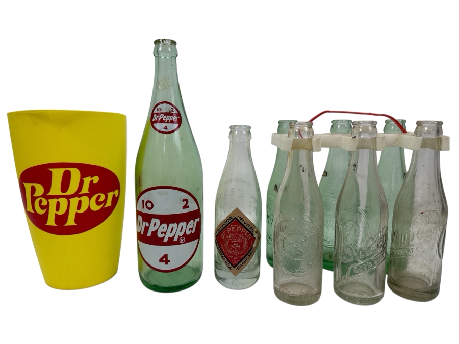 Vintage Dr. Pepper Soda Lot With Pitcher And Old Glass Dr. Pepper Bottles [Photo 1]