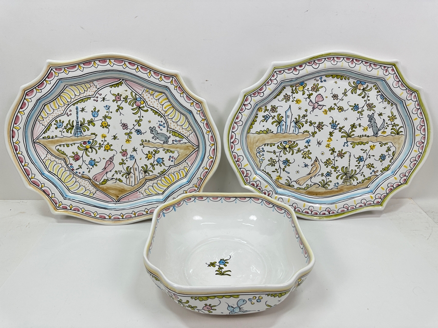 Pair Of Berardos Hand Painted Platters 16.5 X 13 And Bowl 9.5W Made In Portugal [Photo 2]