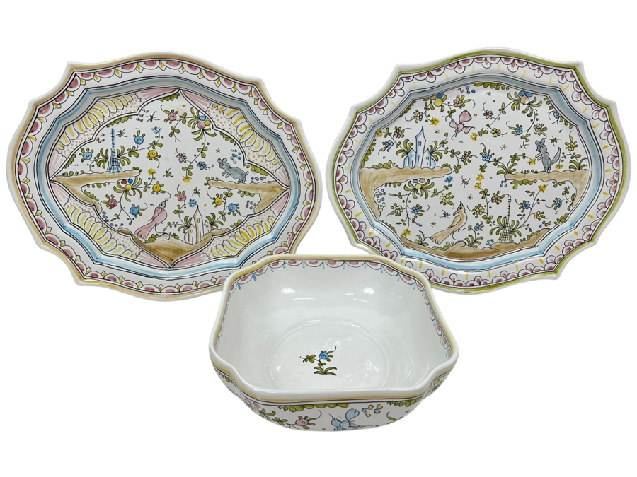 Pair Of Berardos Hand Painted Platters 16.5 X 13 And Bowl 9.5W Made In Portugal [Photo 1]