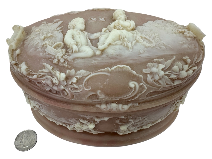 Vintage Incolay Stone Pink Oval Box 7'W [Photo 1]