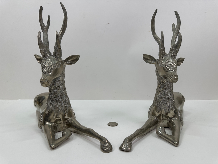 Pair Of Hollywood Regency Nickel Plated Brass Reclining Deer Sculptures Each Deer Measures 10.5'W X 10'H [Photo 8]