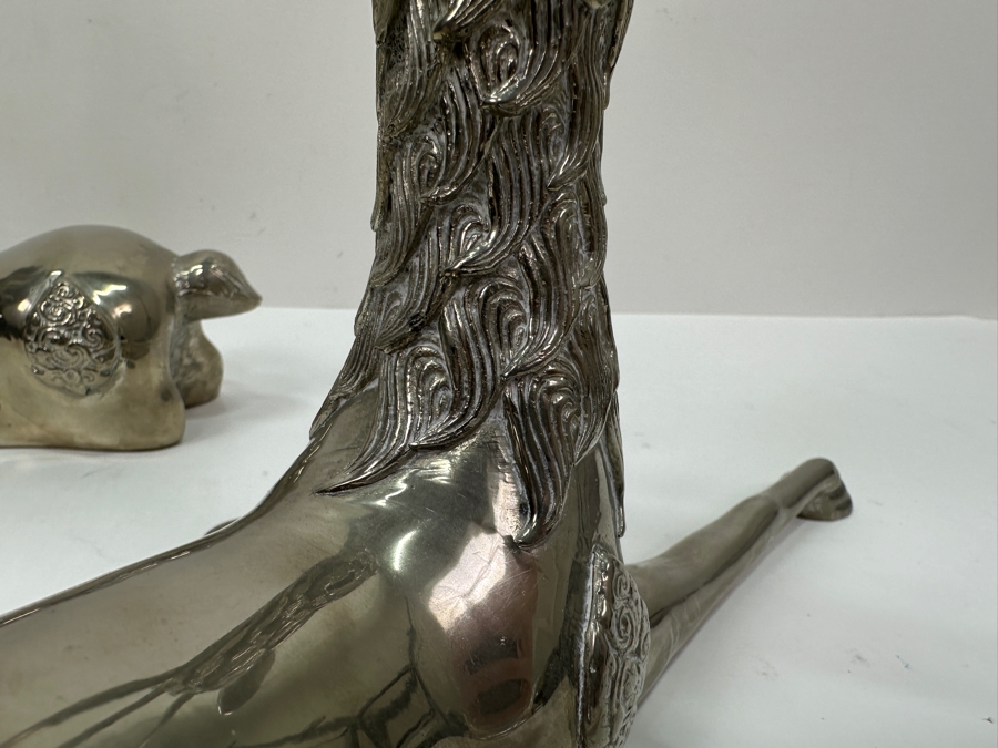 Pair Of Hollywood Regency Nickel Plated Brass Reclining Deer Sculptures Each Deer Measures 10.5'W X 10'H [Photo 11]