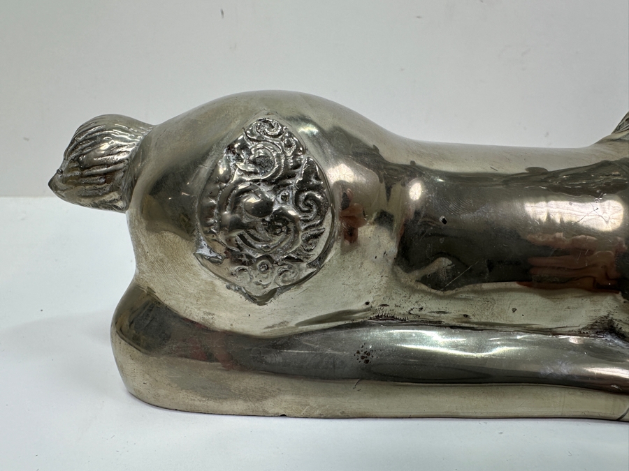 Pair Of Hollywood Regency Nickel Plated Brass Reclining Deer Sculptures Each Deer Measures 10.5'W X 10'H [Photo 6]