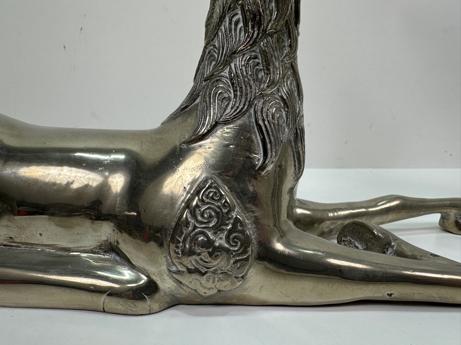Pair Of Hollywood Regency Nickel Plated Brass Reclining Deer Sculptures Each Deer Measures 10.5'W X 10'H [Photo 5]