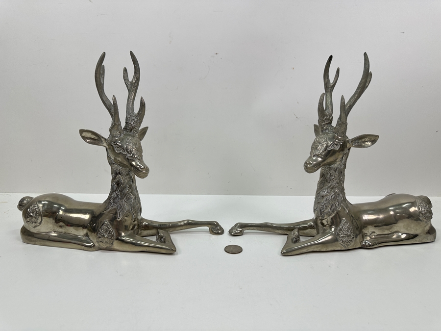 Pair Of Hollywood Regency Nickel Plated Brass Reclining Deer Sculptures Each Deer Measures 10.5'W X 10'H [Photo 2]