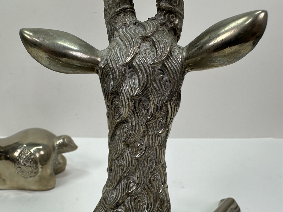 Pair Of Hollywood Regency Nickel Plated Brass Reclining Deer Sculptures Each Deer Measures 10.5'W X 10'H [Photo 10]