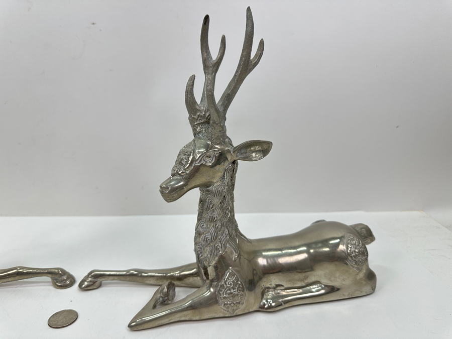 Pair Of Hollywood Regency Nickel Plated Brass Reclining Deer Sculptures Each Deer Measures 10.5'W X 10'H [Photo 7]