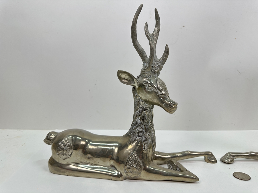 Pair Of Hollywood Regency Nickel Plated Brass Reclining Deer Sculptures Each Deer Measures 10.5'W X 10'H [Photo 3]