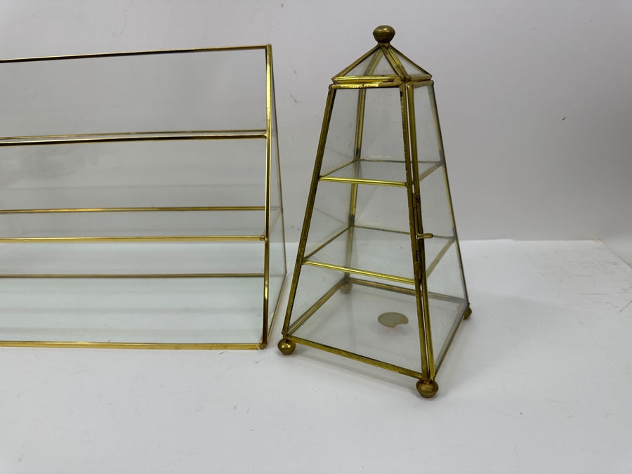 Pair Of Brass & Glass Pyramid Display Cases And Brass & Glass Display Shelf 9'H [Photo 4]
