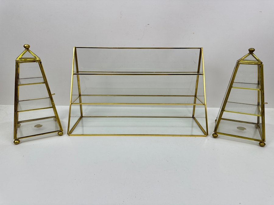 Pair Of Brass & Glass Pyramid Display Cases And Brass & Glass Display Shelf 9'H [Photo 2]