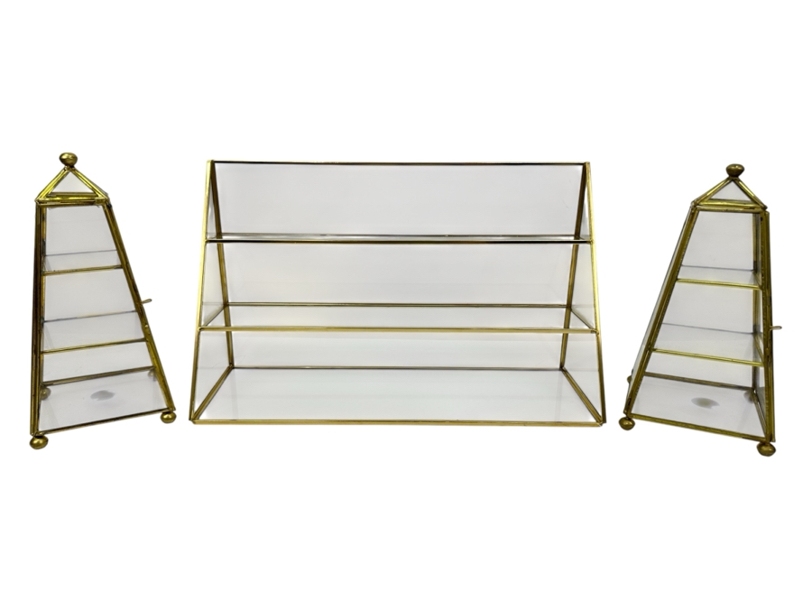 Pair Of Brass & Glass Pyramid Display Cases And Brass & Glass Display Shelf 9'H [Photo 1]