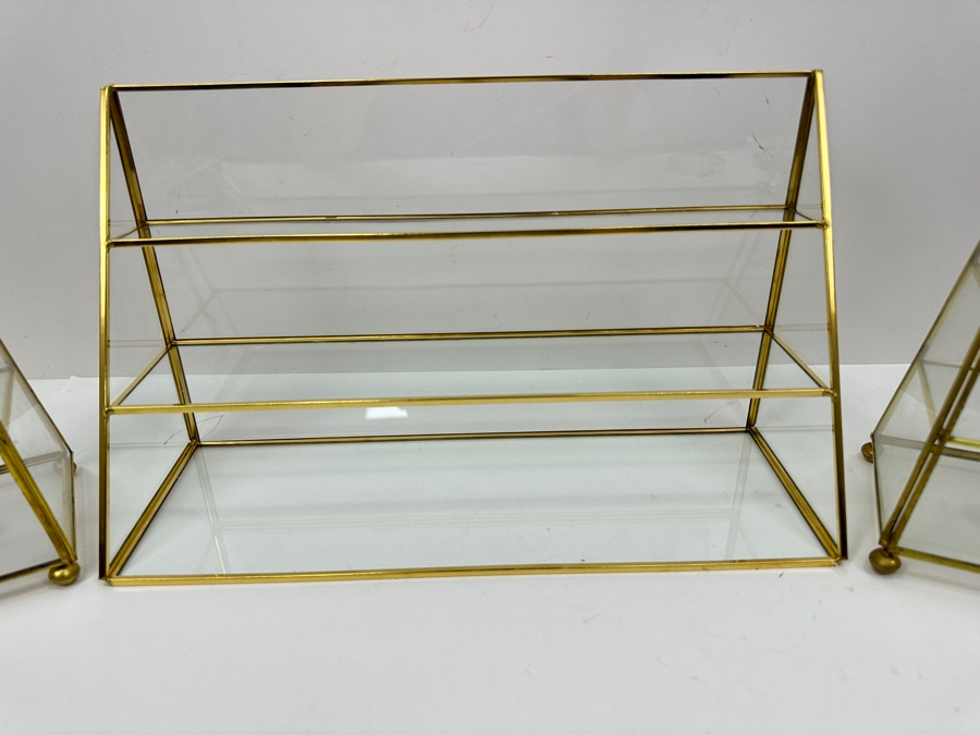 Pair Of Brass & Glass Pyramid Display Cases And Brass & Glass Display Shelf 9'H [Photo 3]