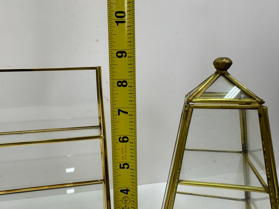 Pair Of Brass & Glass Pyramid Display Cases And Brass & Glass Display Shelf 9'H [Photo 5]