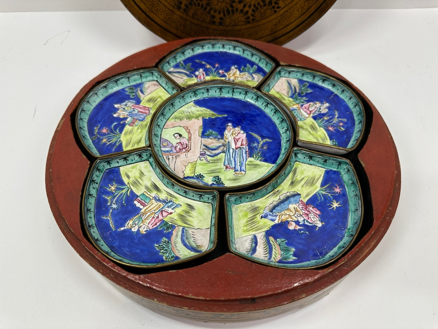 Vintage Chinese Canton Enamel Divided Sweet Meat Dish Set With Round Wooden Footed Box 12.5W X 3 3/8H [Photo 3]