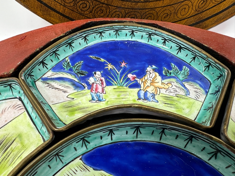 Vintage Chinese Canton Enamel Divided Sweet Meat Dish Set With Round Wooden Footed Box 12.5W X 3 3/8H [Photo 5]