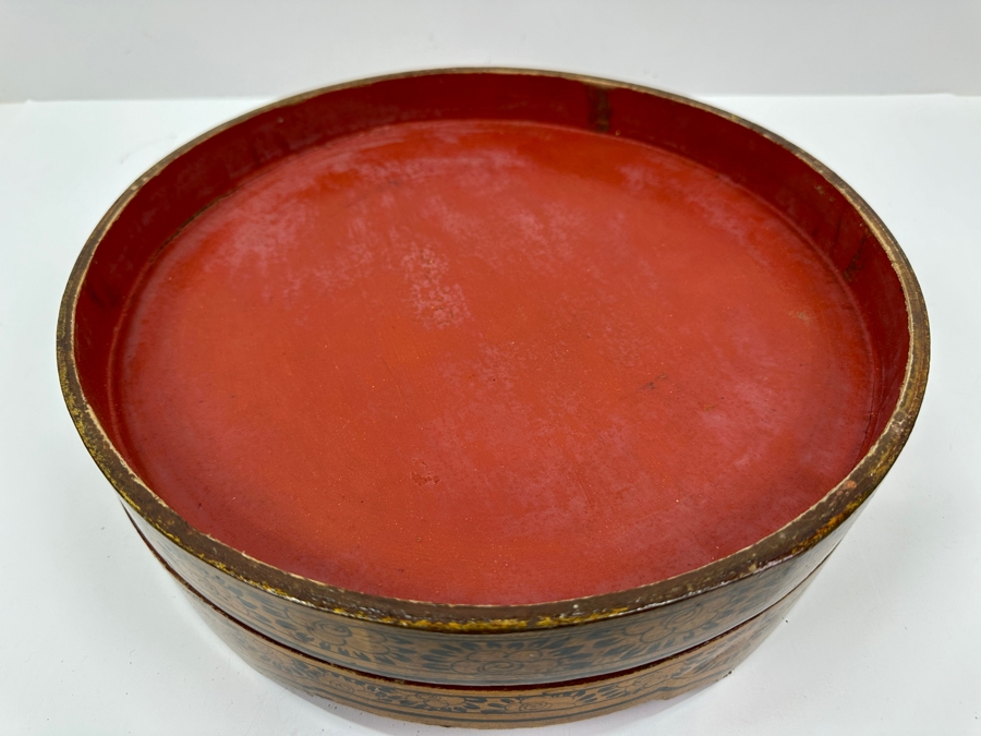 Vintage Chinese Canton Enamel Divided Sweet Meat Dish Set With Round Wooden Footed Box 12.5W X 3 3/8H [Photo 9]