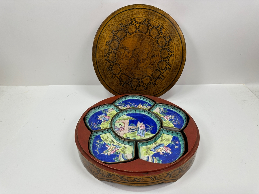 Vintage Chinese Canton Enamel Divided Sweet Meat Dish Set With Round Wooden Footed Box 12.5W X 3 3/8H [Photo 2]