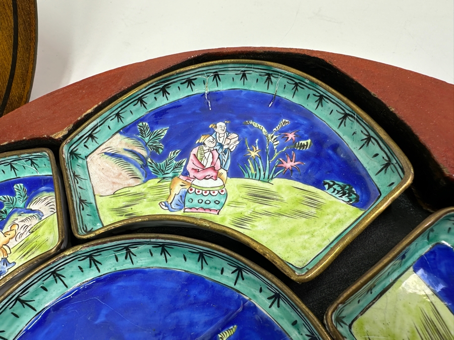 Vintage Chinese Canton Enamel Divided Sweet Meat Dish Set With Round Wooden Footed Box 12.5W X 3 3/8H [Photo 6]