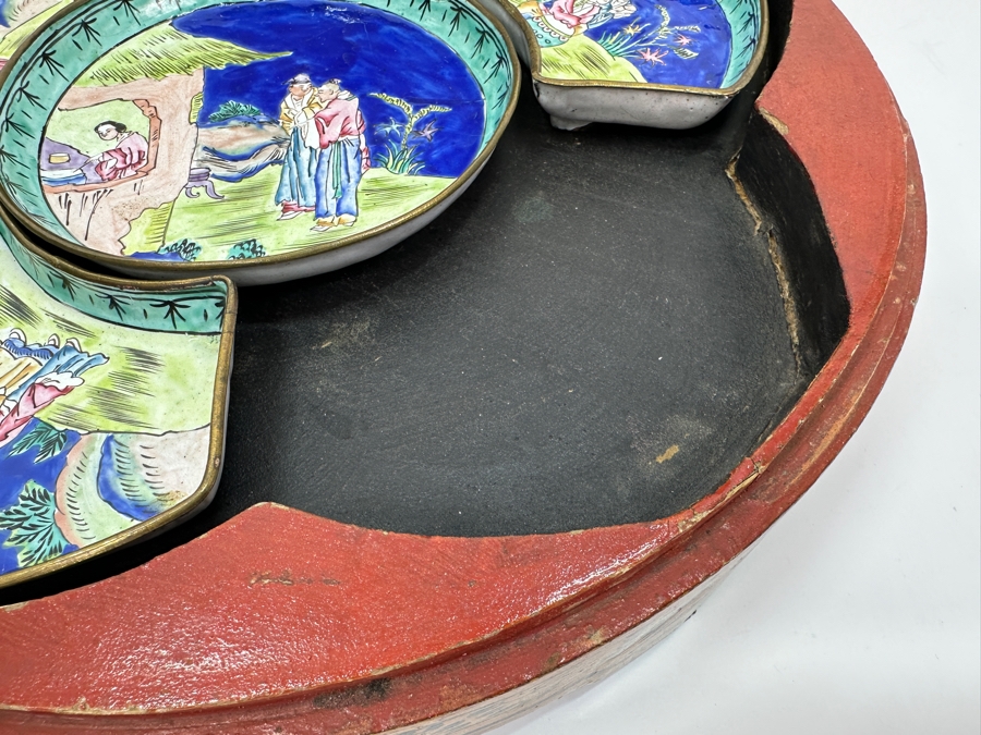 Vintage Chinese Canton Enamel Divided Sweet Meat Dish Set With Round Wooden Footed Box 12.5W X 3 3/8H [Photo 8]