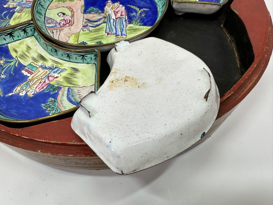 Vintage Chinese Canton Enamel Divided Sweet Meat Dish Set With Round Wooden Footed Box 12.5W X 3 3/8H [Photo 7]