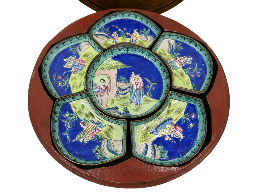 Vintage Chinese Canton Enamel Divided Sweet Meat Dish Set With Round Wooden Footed Box 12.5W X 3 3/8H [Photo 1]