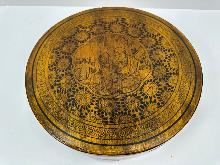 Vintage Chinese Canton Enamel Divided Sweet Meat Dish Set With Round Wooden Footed Box 12.5W X 3 3/8H [Photo 10]