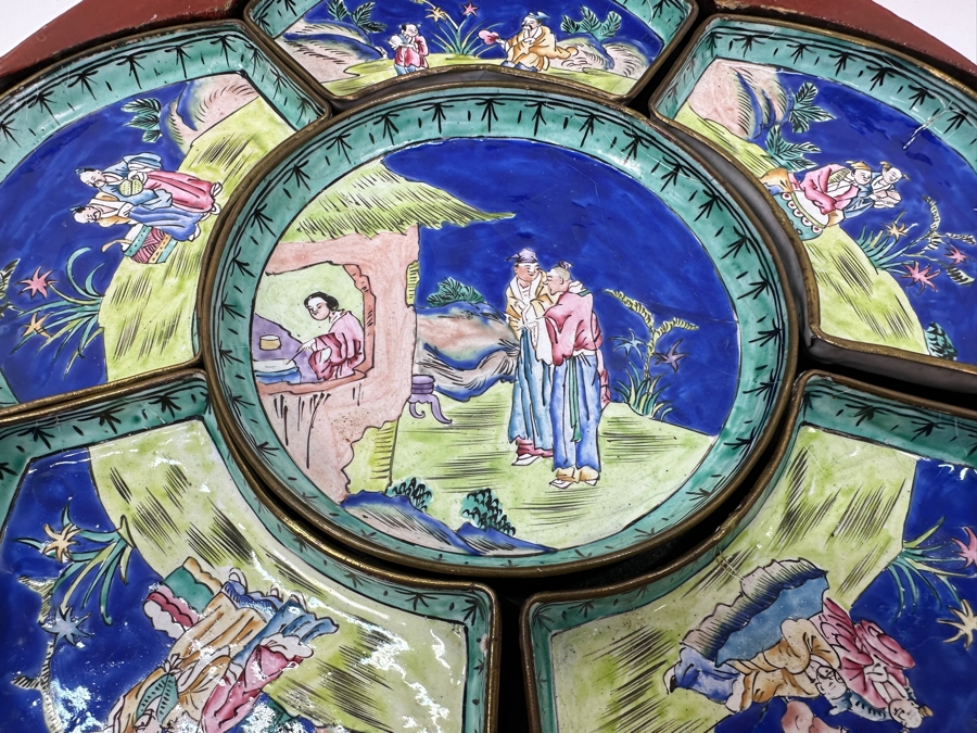 Vintage Chinese Canton Enamel Divided Sweet Meat Dish Set With Round Wooden Footed Box 12.5W X 3 3/8H [Photo 4]