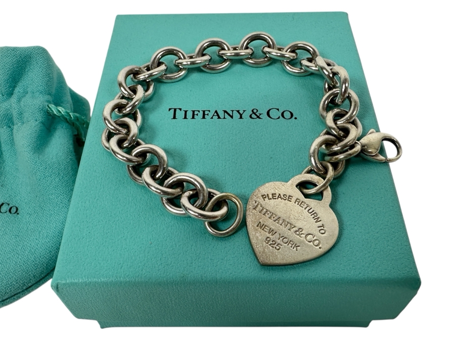 Tiffany & Co Sterling Silver Return To Tiffany Heart Tag Pendant 7' Chain Bracelet 32.9g