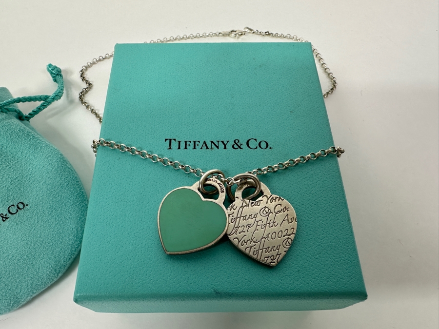 Tiffany & Co Sterling Silver Return To Tiffany Double Heart Tag Pendants With 18' Sterling Silver Chain Necklace 15.1g [Photo 7]