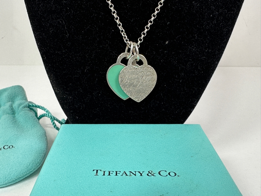 Tiffany & Co Sterling Silver Return To Tiffany Double Heart Tag Pendants With 18' Sterling Silver Chain Necklace 15.1g [Photo 3]