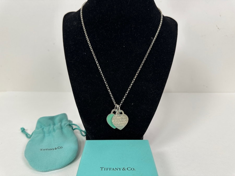 Tiffany & Co Sterling Silver Return To Tiffany Double Heart Tag Pendants With 18' Sterling Silver Chain Necklace 15.1g [Photo 5]