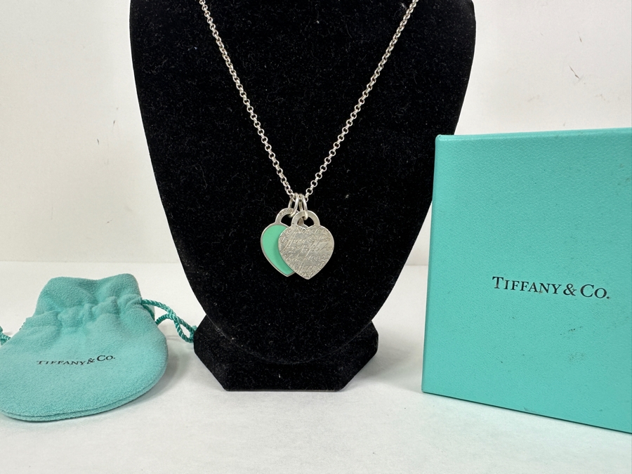Tiffany & Co Sterling Silver Return To Tiffany Double Heart Tag Pendants With 18' Sterling Silver Chain Necklace 15.1g [Photo 2]