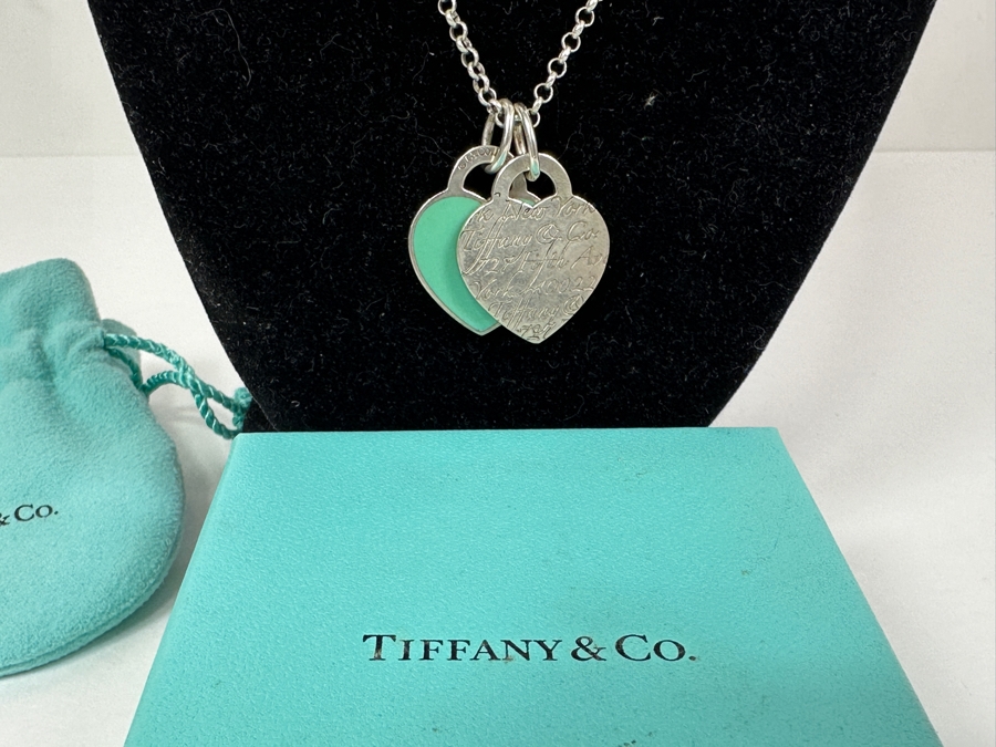 Tiffany & Co Sterling Silver Return To Tiffany Double Heart Tag Pendants With 18' Sterling Silver Chain Necklace 15.1g [Photo 4]